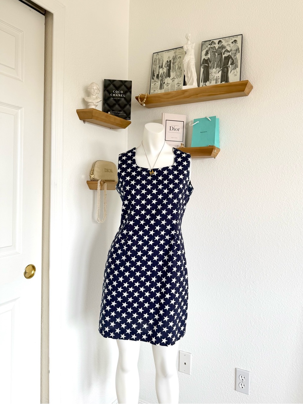 Vintage 90s Navy Star Print Linen Dress - SZ S Made in Italy